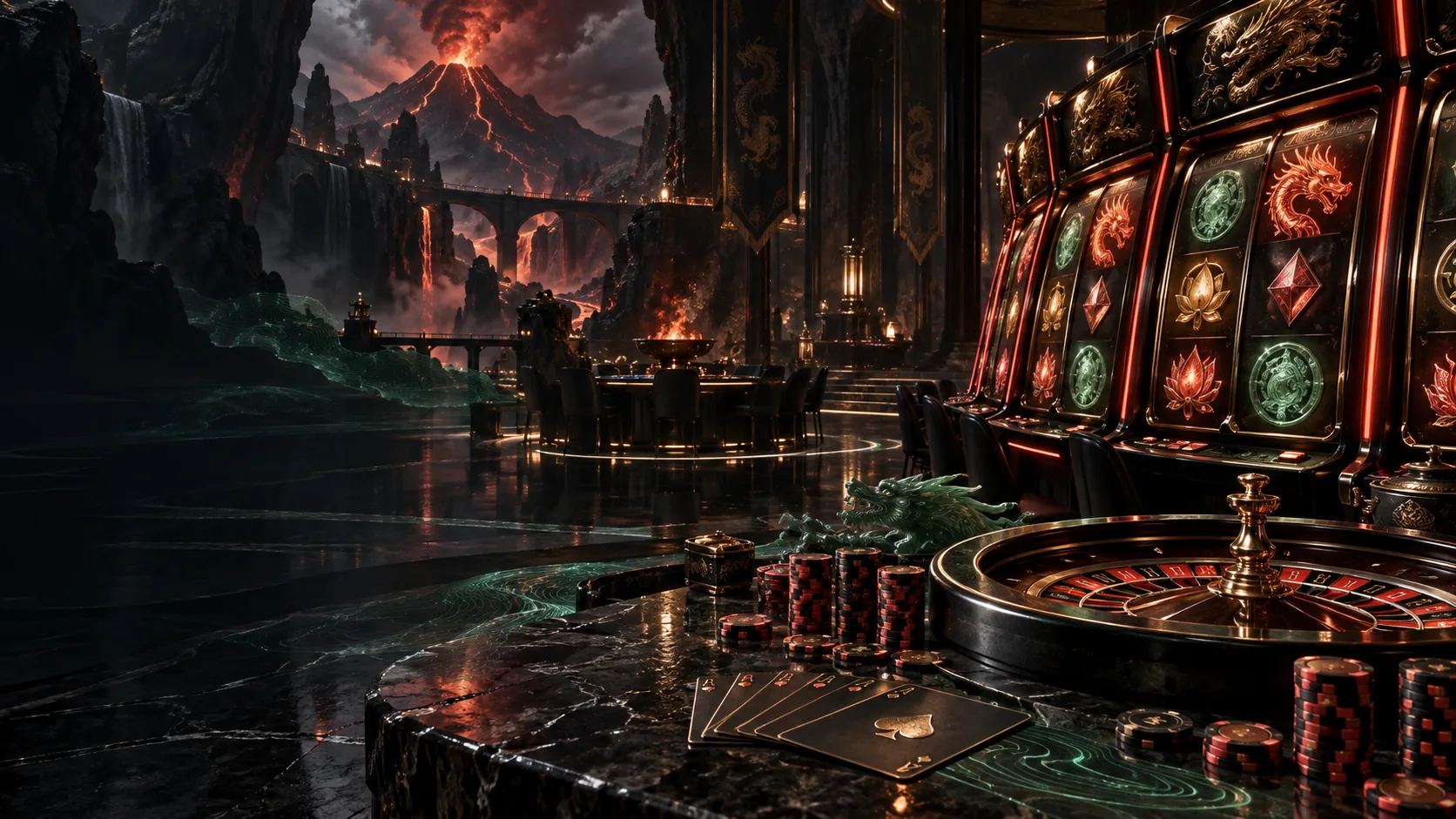 Volcanic dragon casino with slot machines, roulette wheel, playing cards and chips